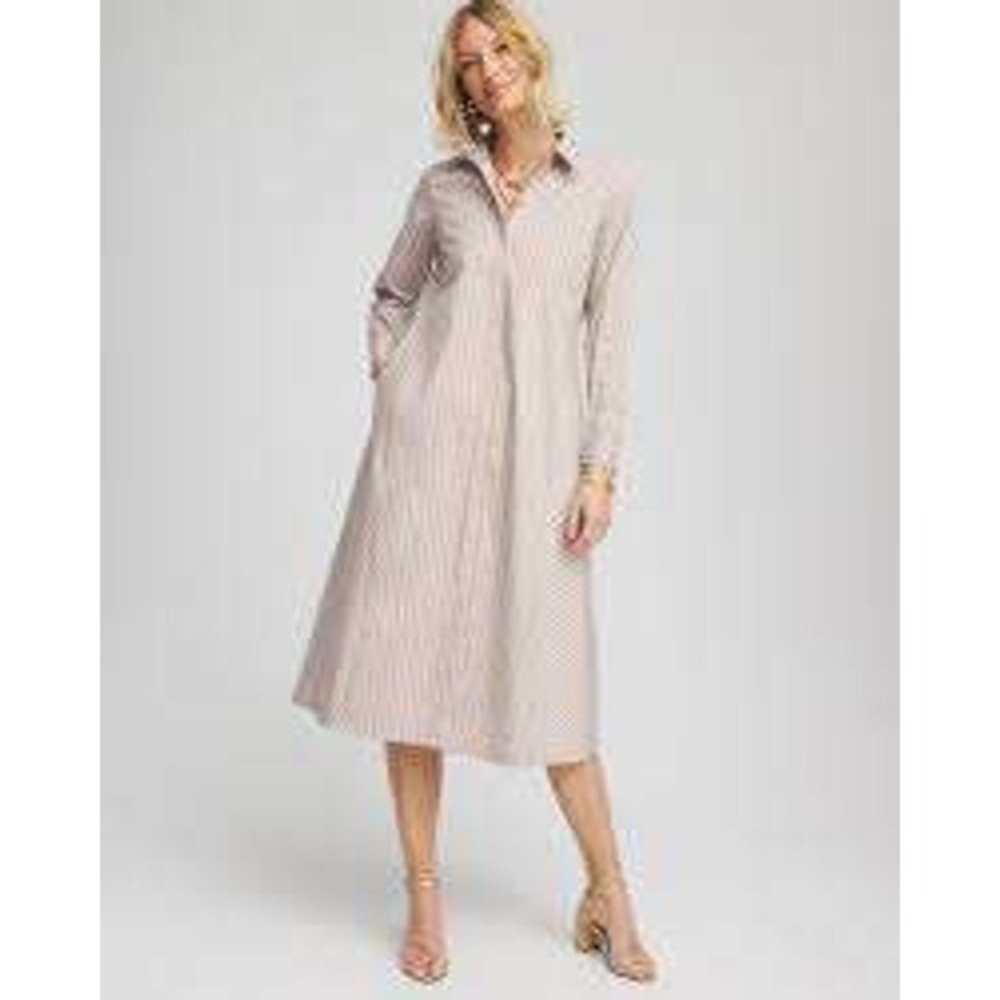 Chicos Button Up Shirt Dress Womens Sz 3 XL Tan Blue Minimalist Coastal Hampton
